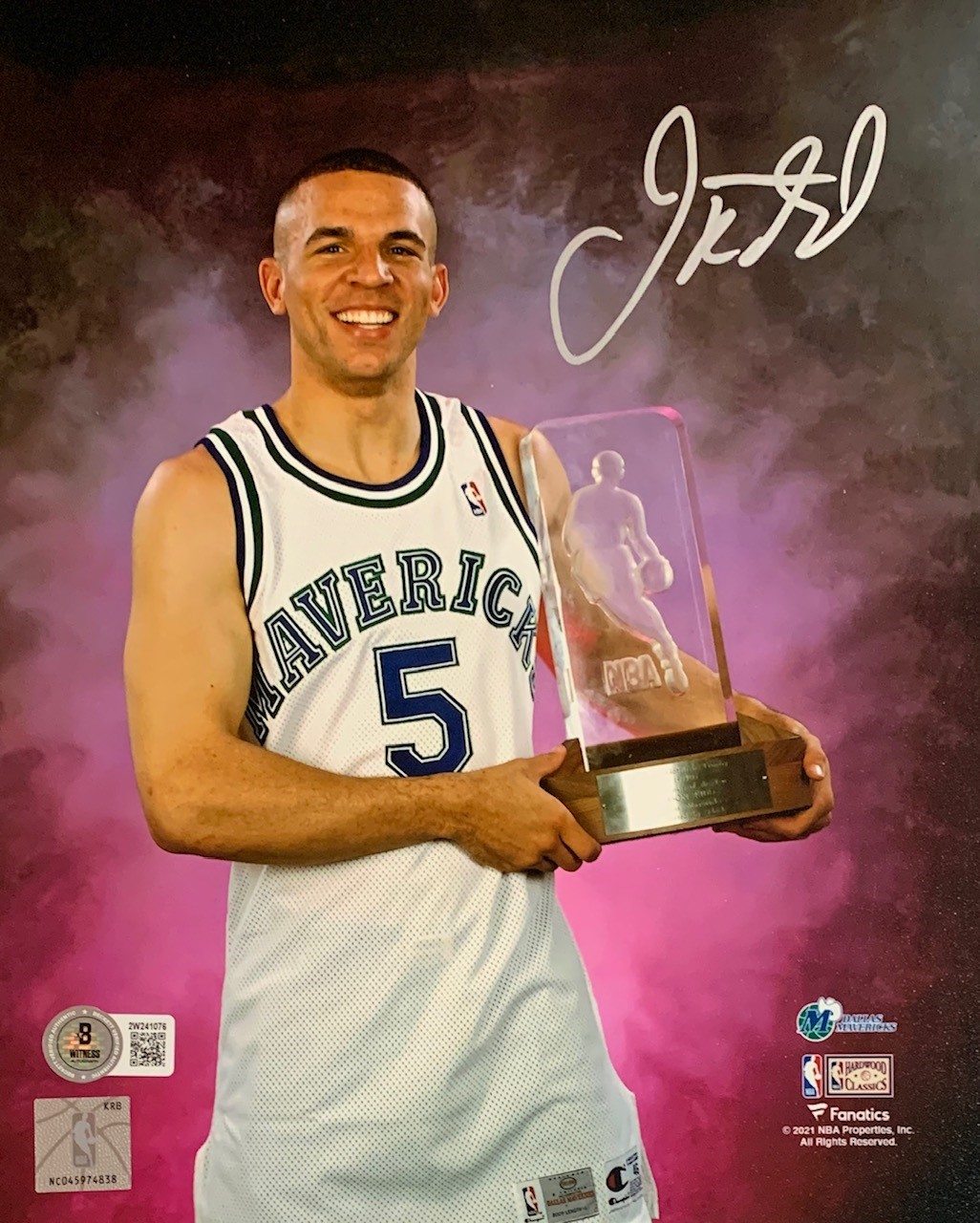 Jason Kidd Autographed Dallas Mavericks Rookie of the Year Signed Basketball 8x10 Photo Beckett COA