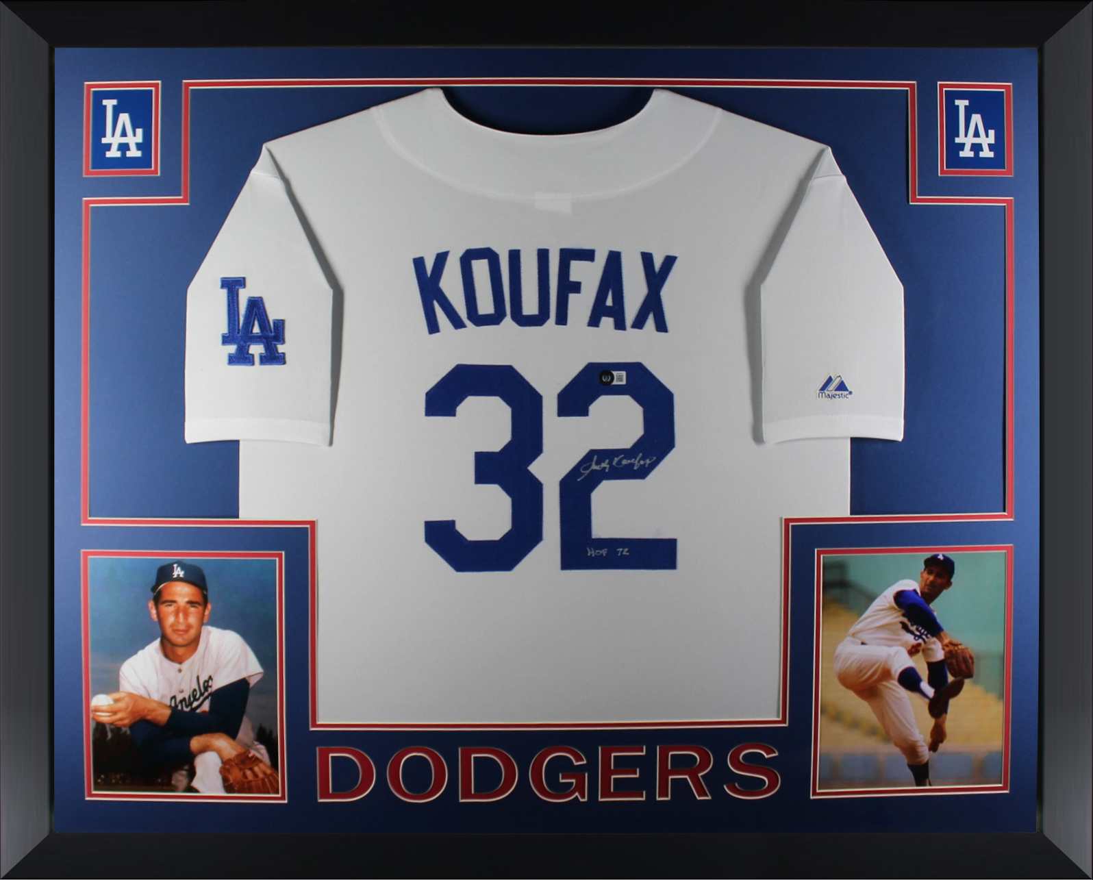Sandy Koufax Autographed Los Angeles Dodgers Signed Majestic Baseball Framed Jersey Hall of Fame HOF 72 Beckett COA A