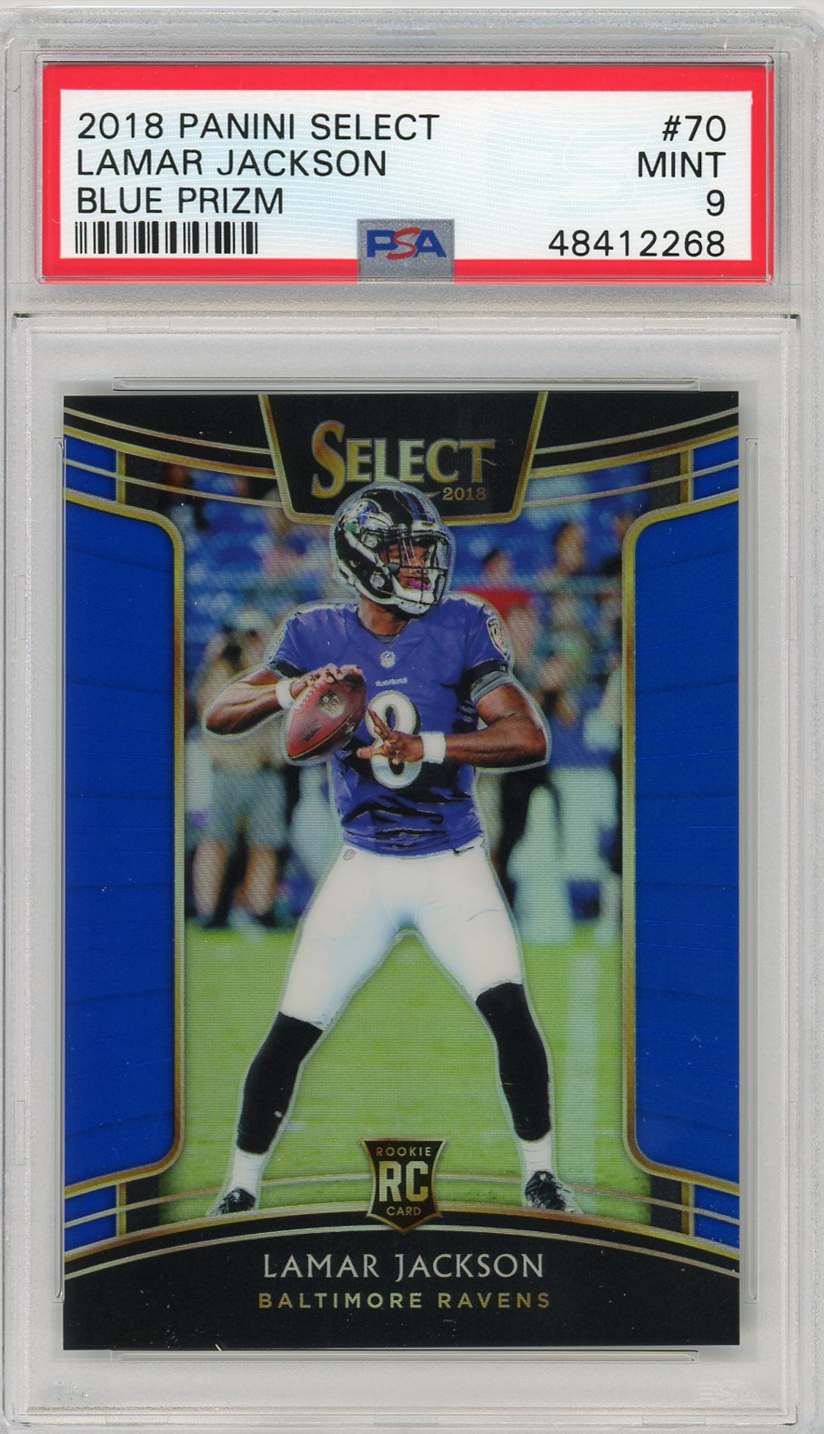Lamar Jackson 2018 Panini Select Blue Prizm Football Rookie Card RC #70 Graded PSA 9 MINT /175