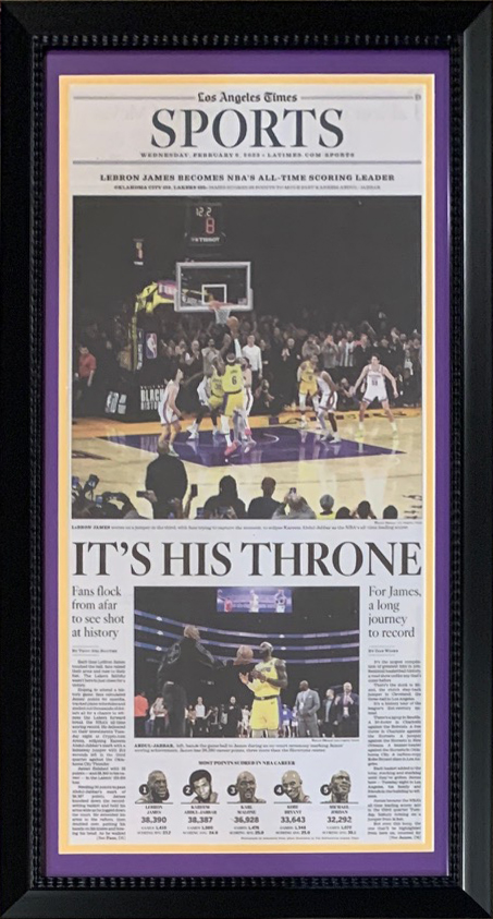 LeBron James Los Angeles Times Original Front Page 14x26 Framed Newspaper Breaking Kareem Abdul-Jabbar's All-Time NBA Scoring Record 2/8/23