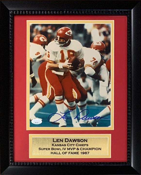 Len Dawson Autographed Kansas City Chiefs Signed Football 8x10 Framed Photo JSA COA 1