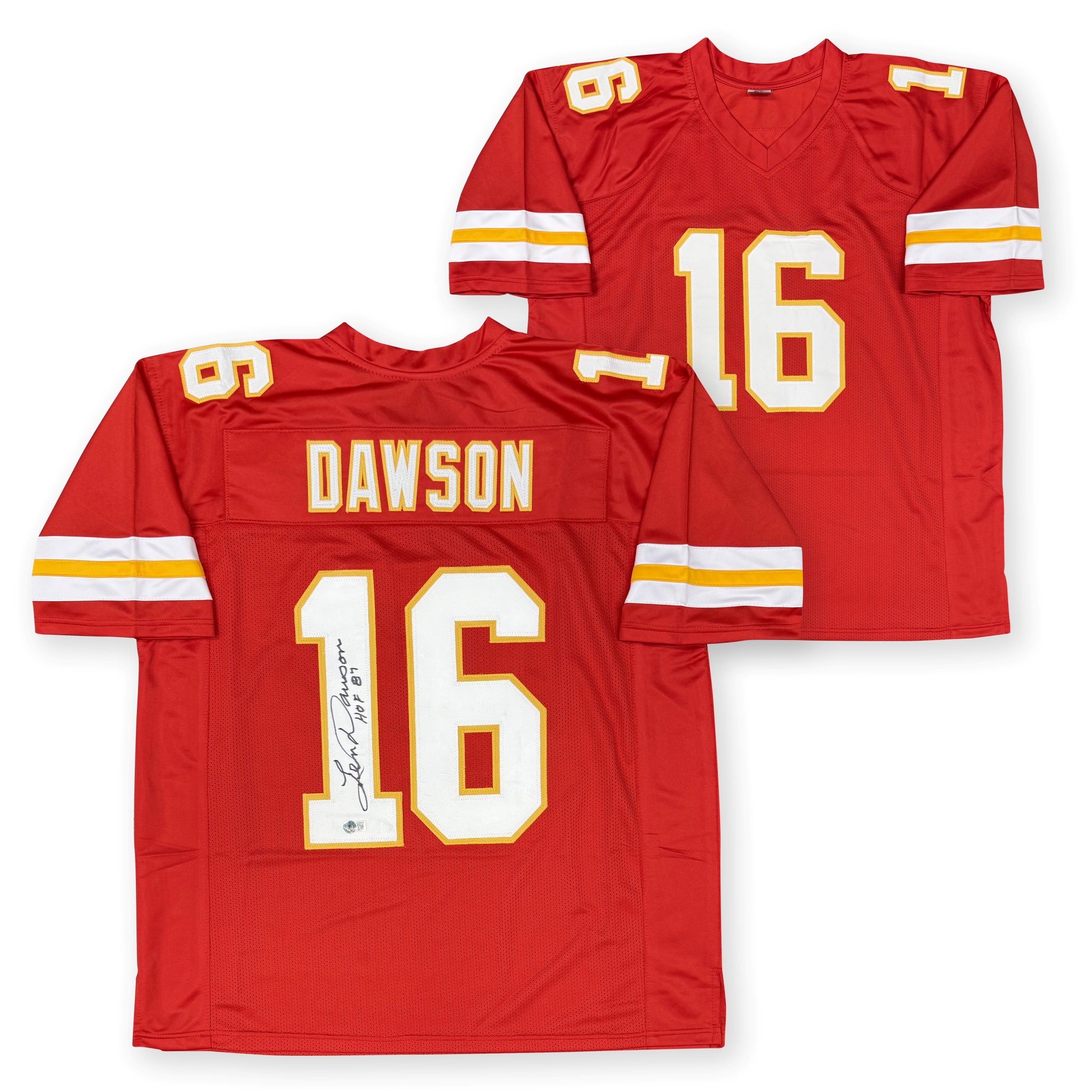 Len Dawson Autographed Pro Style Signed Red Football Jersey Hall of Fame HOF 87 Beckett Authenticated COA
