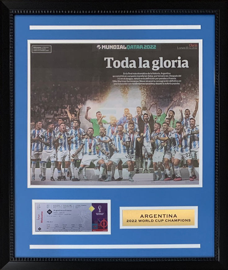Argentina 2022 World Cup Champions Soccer 22x26 Clarin Framed Newspaper With Lionel Messi
