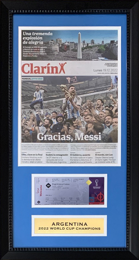 Argentina 2022 World Cup Champions Soccer 14x26 Clarin Framed Newspaper With Lionel Messi