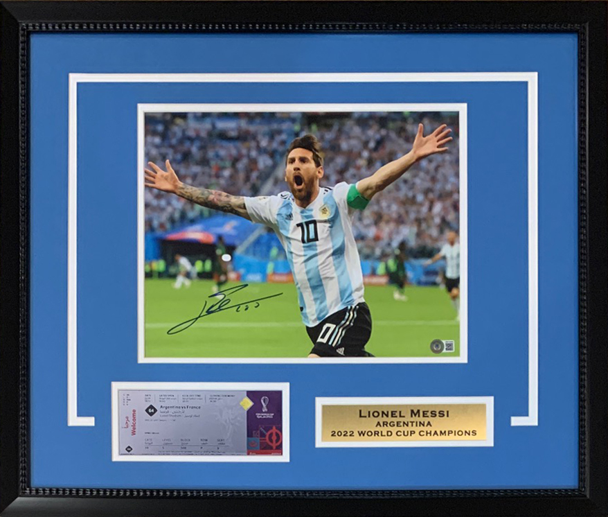 Lionel Messi Autographed Argentina Signed 2022 World Cup Champions Framed 11x14 Soccer Photo Beckett COA