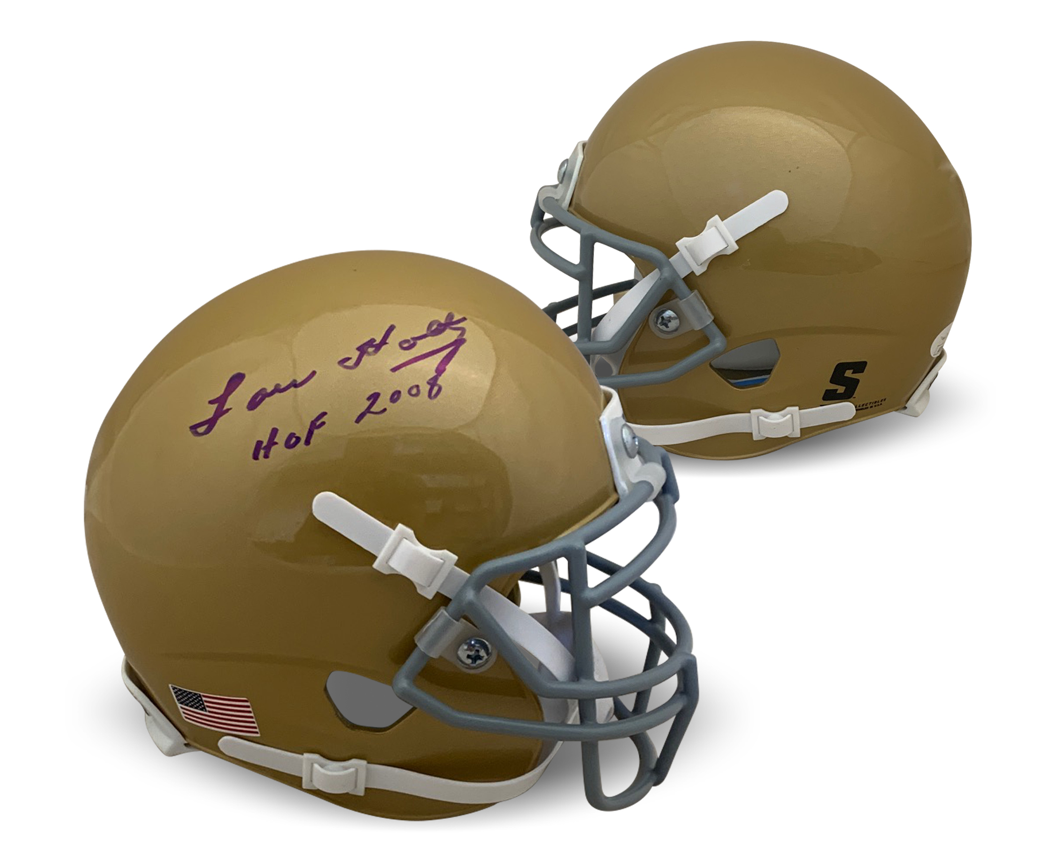 Lou Holtz Autographed Notre Dame Fighting Irish Signed Football Mini Helmet Hall of Fame HOF 2008 JSA COA Lou Holtz Autographed Notre Dame Fighting Irish Signed Football Mini Helmet Hall of Fame HOF 2008 JSA COA