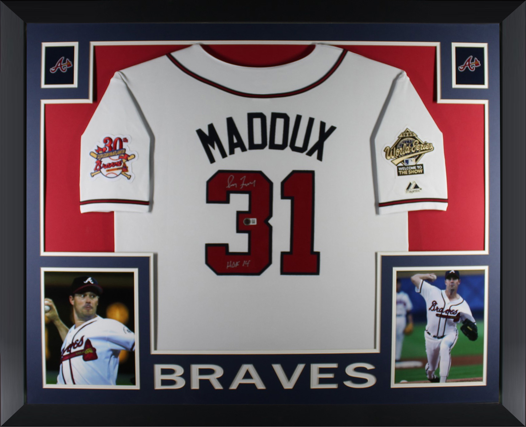 Greg Maddux Autographed Atlanta Braves Signed Majestic Baseball Framed Jersey HOF 14 Beckett Authenticated COA