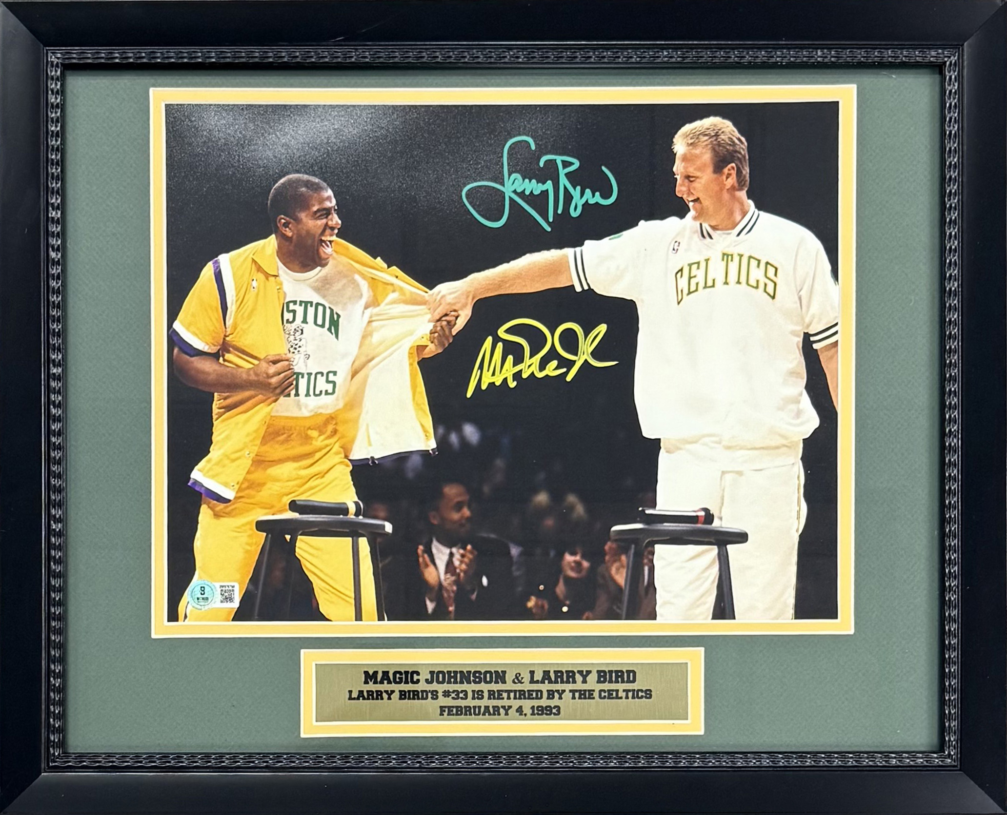 Magic Johnson & Larry Bird Autographed Signed Basketball Retirement Framed 11x14 Photo Beckett COA Magic Johnson & Larry Bird Autographed Signed Basketball Retirement Framed 11x14 Photo Beckett COA