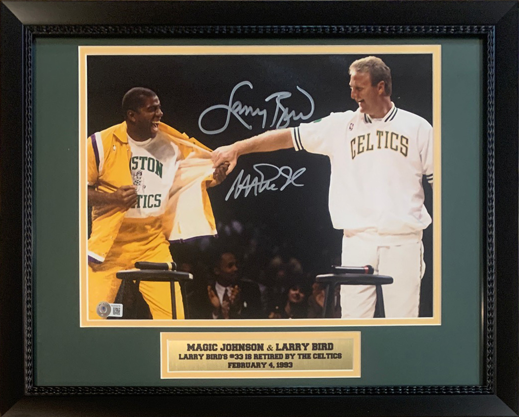 Magic Johnson & Larry Bird Autographed 11x14 Signed Basketball Retirement Framed Photo Beckett COA Magic Johnson & Larry Bird Autographed 11x14 Signed Basketball Retirement Framed Photo Beckett COA