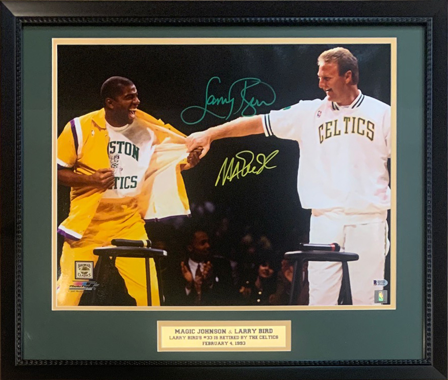 Magic Johnson & Larry Bird Autographed 16x20 Signed Basketball Retirement Framed Photo Beckett COA Magic Johnson & Larry Bird Autographed 16x20 Signed Basketball Retirement Framed Photo Beckett COA