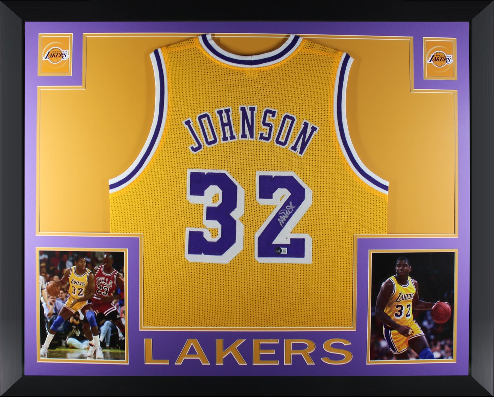 Magic Johnson Autographed Los Angeles Pro Style Gold Signed Basketball Framed Jersey Beckett COA
