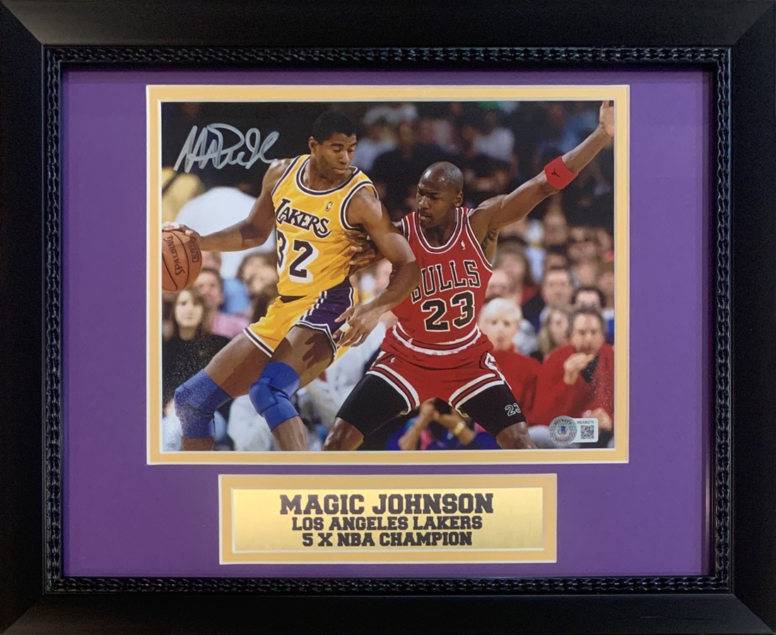 Magic Johnson Autographed Los Angeles Lakers Signed Basketball 8x10 Framed Photo vs Michael Jordan Beckett COA Magic Johnson Autographed Los Angeles Lakers Signed Basketball 8x10 Framed Photo vs Michael Jordan Beckett COA