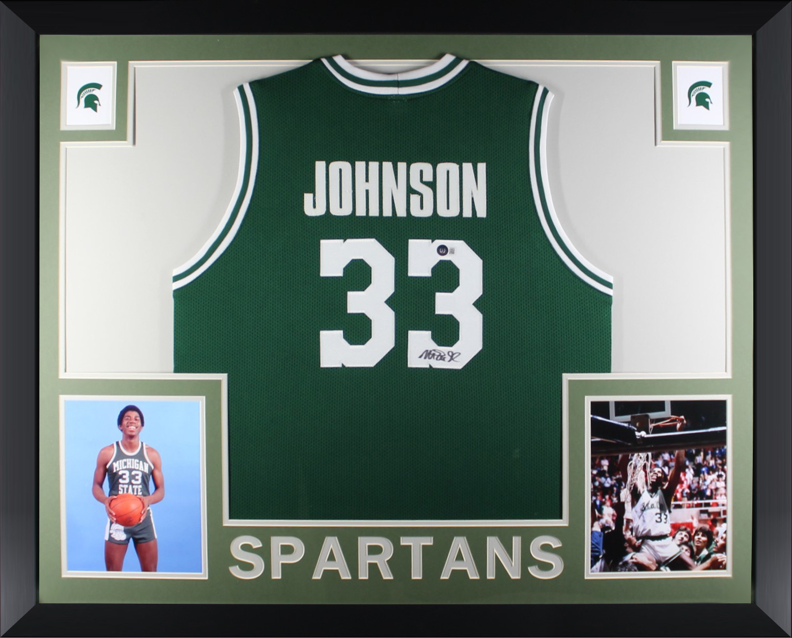 Magic Johnson Autographed College Style Green Signed Basketball Framed Jersey Beckett COA