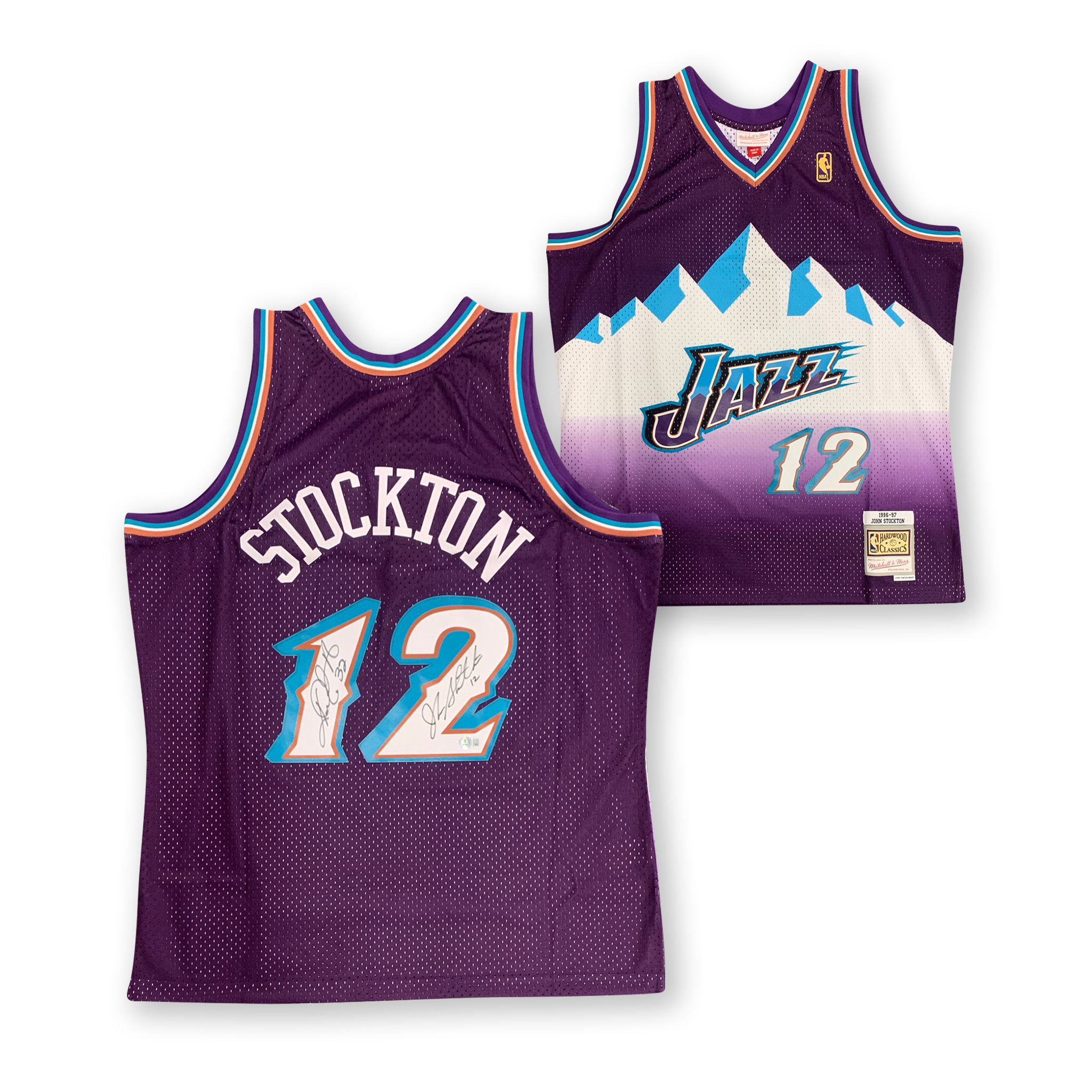 John Stockton and Karl Malone Autographed Utah Jazz Signed Mitchell and Ness Swingman Signed Basketball Jersey Beckett Beckett COA A