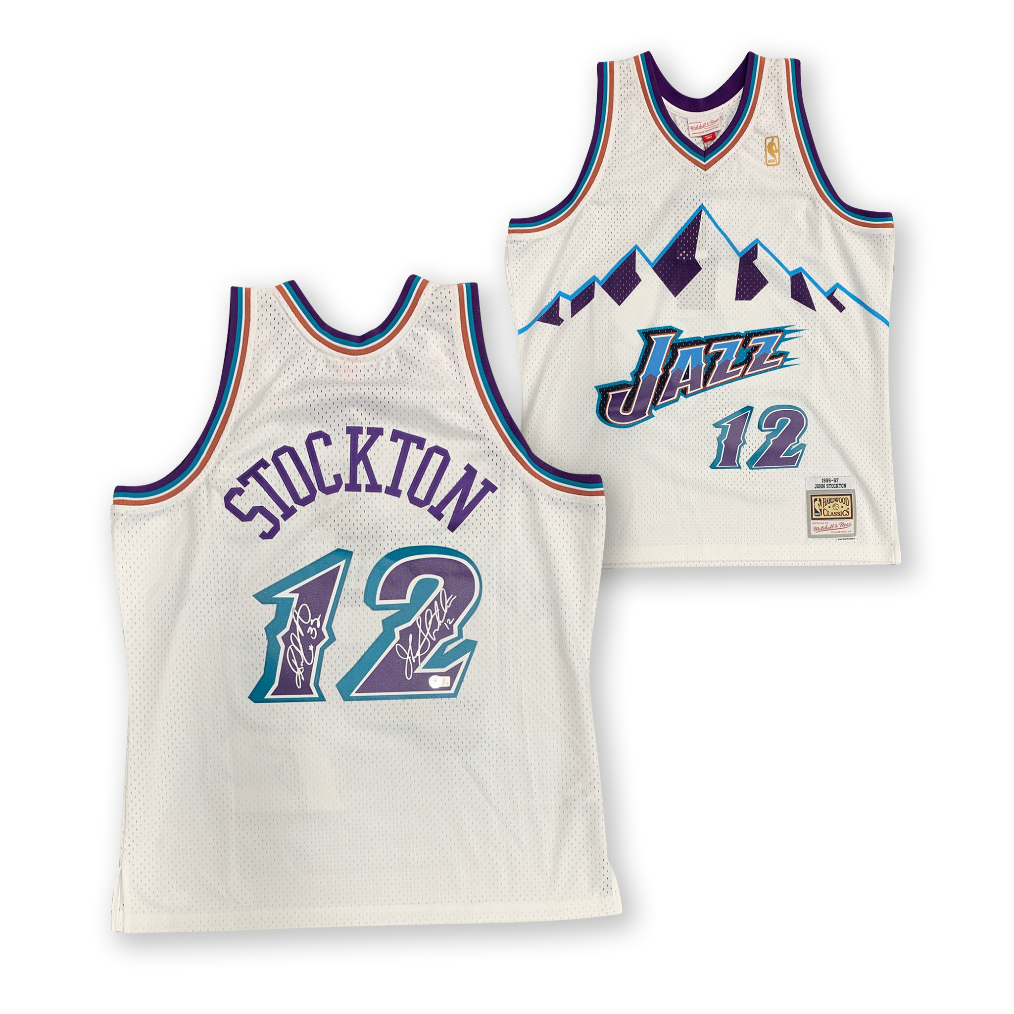 John Stockton and Karl Malone Autographed Utah Jazz Signed Mitchell and Ness Swingman Signed Basketball Jersey Beckett Beckett COA C