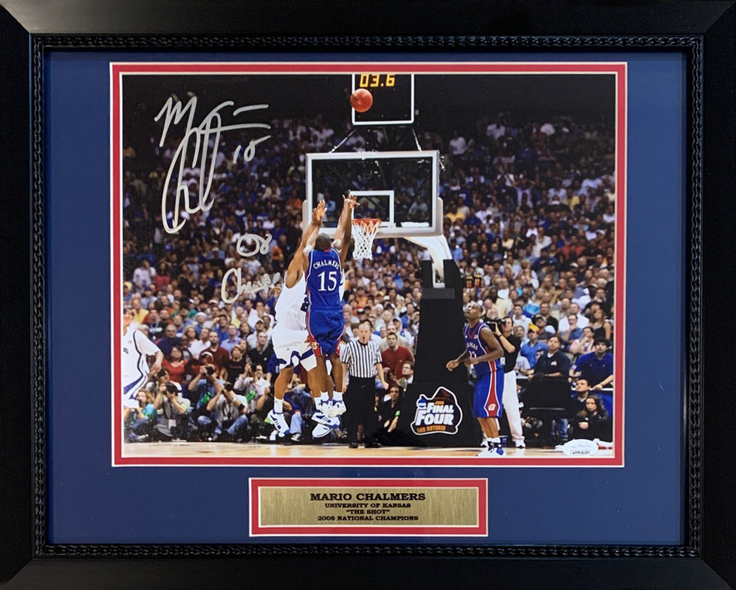 Mario Chalmers Autographed Kansas Jayhawks THE SHOT 2008 National Champions Signed Framed 11x14 Basketball Photo JSA COA