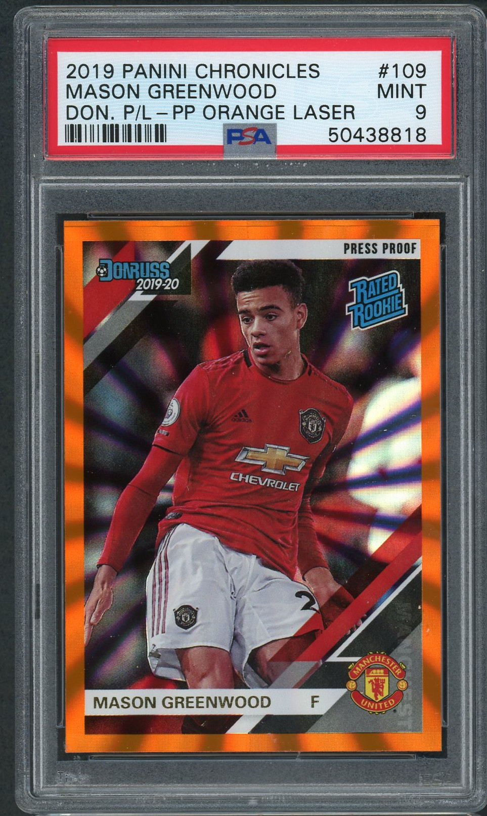 Mason Greenwood Manchester United 2019 Panini Chronicles Donruss Press Proof Orange Laser Soccer Rookie Card RC #109 Graded PSA 9 MINT