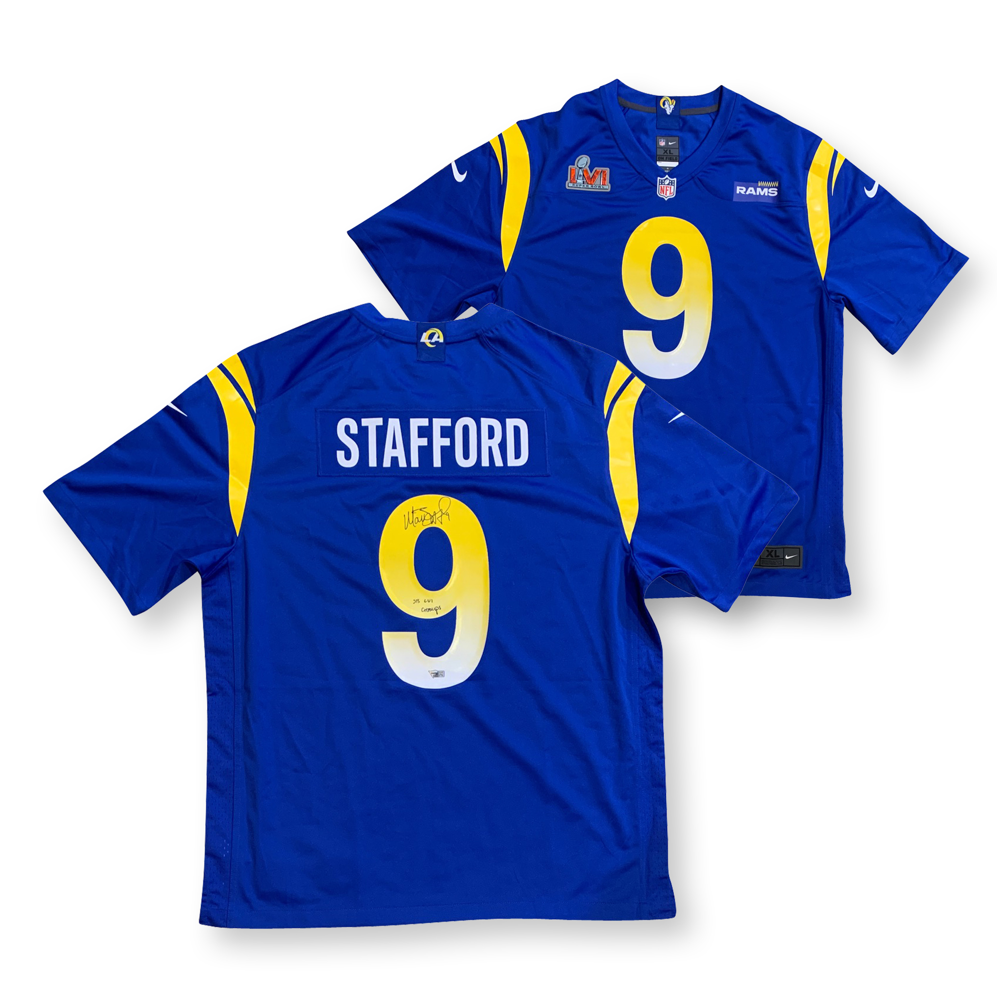 Matthew Stafford Autographed Los Angeles Rams Super Bowl LVI 56 CHAMPS Signed Nike Game Football Jersey Fanatics Authentic COA