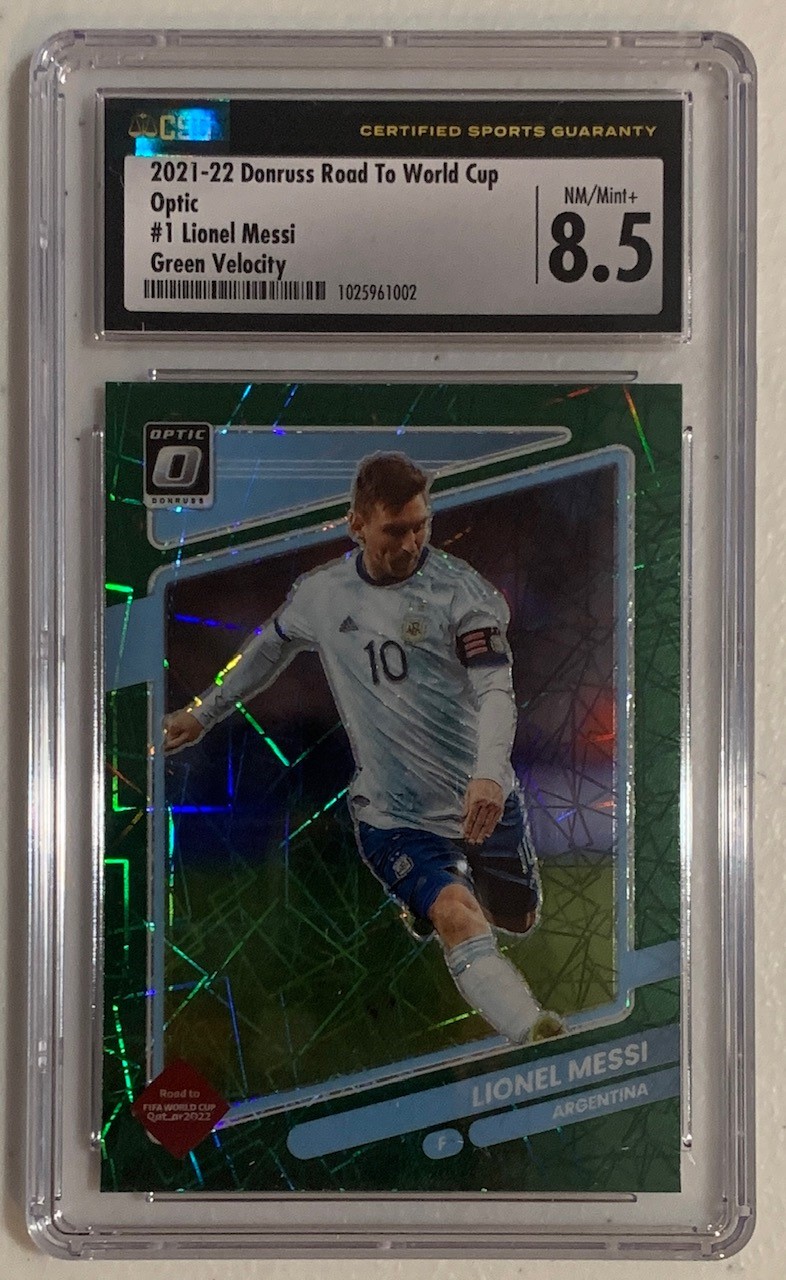 Lionel Messi 2021 Donruss Optic Road to World Cup Qatar Green Velocity Soccer Card #1 Graded CSG 8.5 Lionel Messi 2021 Donruss Optic Road to World Cup Qatar Green Velocity Soccer Card #1 Graded CSG 8.5