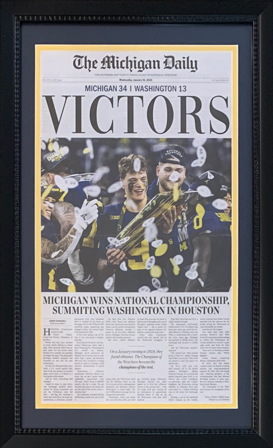 Michigan Wolverines 2024 National Champions VICTORS Daily School Framed 14x26 Football Newspaper ORIGINAL FRONT PAGE