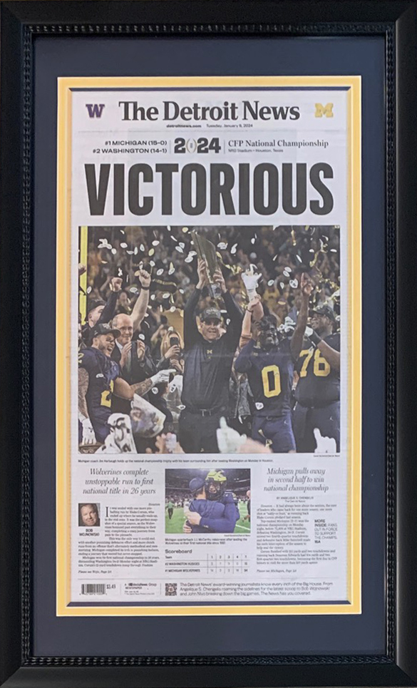 Michigan Wolverines 2024 National Champions VICTORIOUS Detroit News Framed 14x26 Football Newspaper ORIGINAL FRONT PAGE