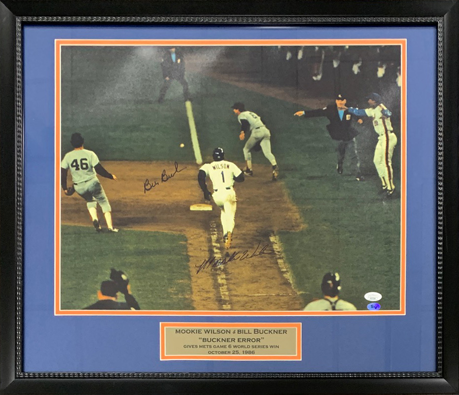 Mookie Wilson & Bill Buckner Autographed New York 1986 World Series Signed Error Play Framed Baseball 16x20 Photo JSA COA