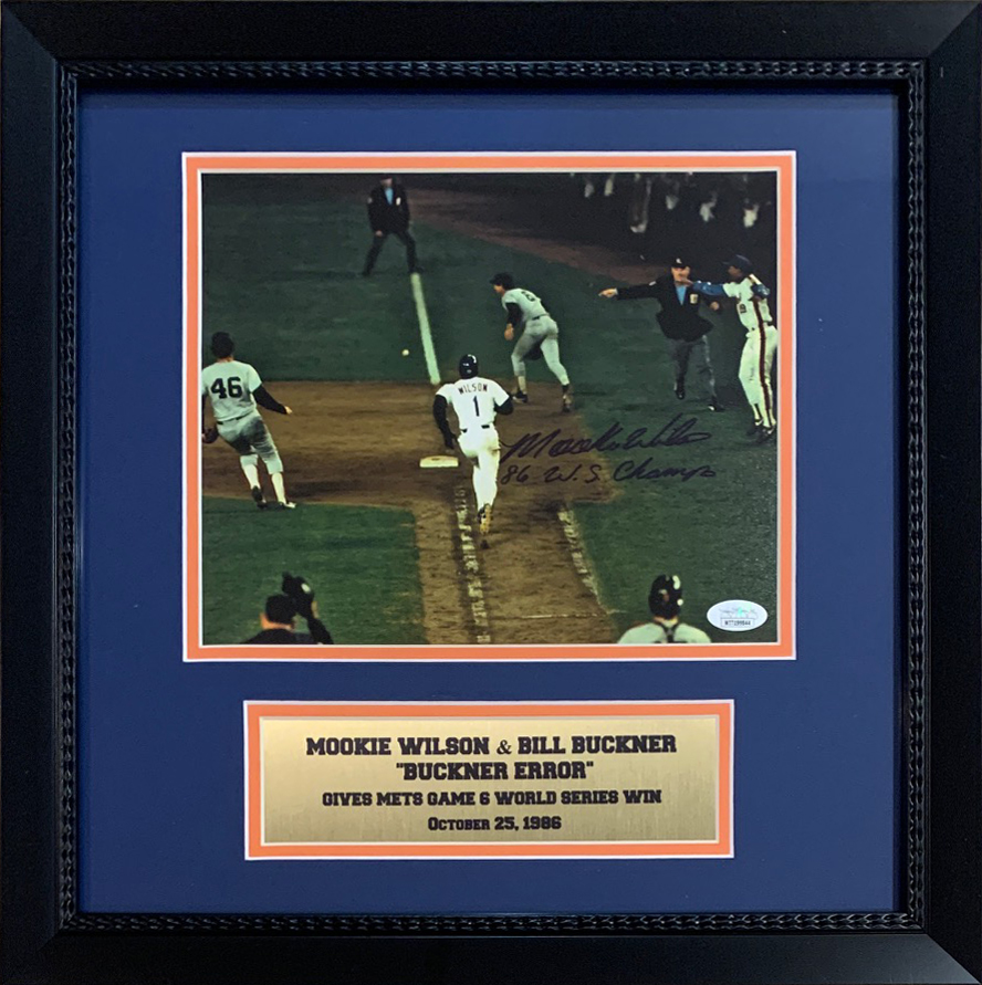 Mookie Wilson Autographed New York Mets 1986 World Series Signed Bill Buckner Error Framed Baseball 8x10 Photo JSA COA Mookie Wilson Autographed New York Mets 1986 World Series Signed Bill Buckner Error Framed Baseball 8x10 Photo JSA COA