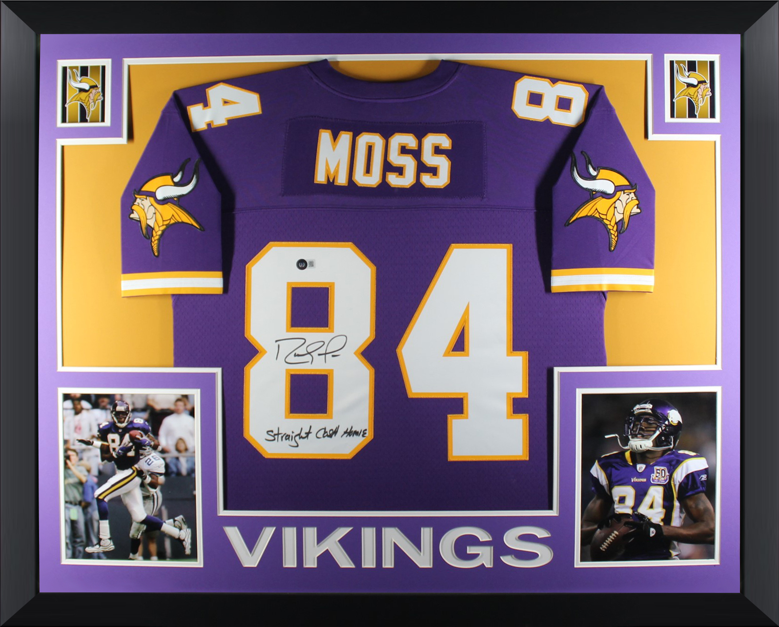Randy Moss Autographed Minnesota Vikings Signed Mitchell & Ness Football Framed Jersey STRAIGHT CASH HOMIE Beckett COA
