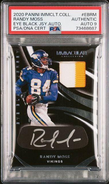 Randy Moss 2020 Panini Immaculate Collection Eye Black Game Used Jersey Signed Football Card #EBRM Auto Graded PSA 9 5/10
