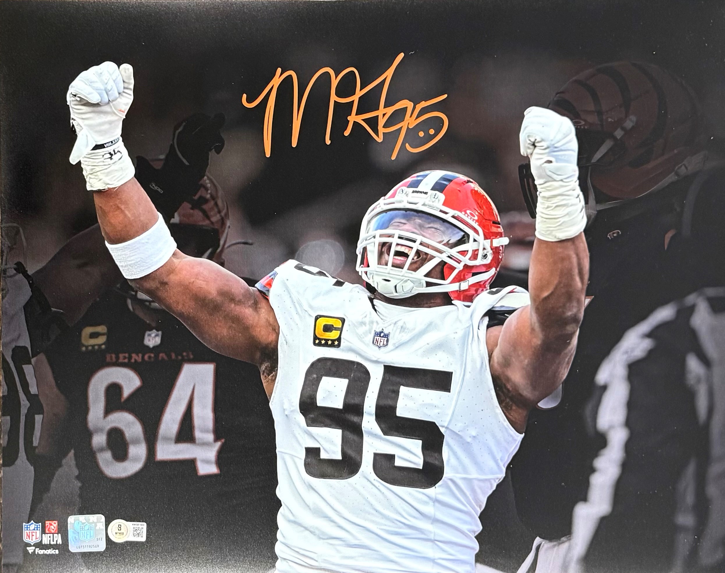 Myles Garrett Autographed Cleveland Browns Signed Football 16x20 Photo 2025 Week 18 Breaking NFL Single-Season Sack Record Beckett Witness Authenticated COA