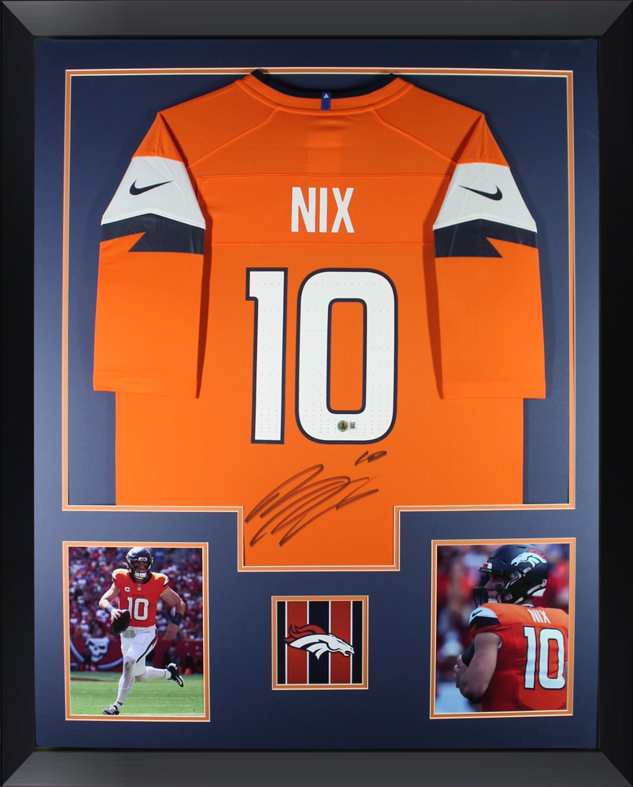 Bo Nix Autographed Denver Broncos Signed Nike Game Orange Football Framed Jersey Beckett Authenticated COA