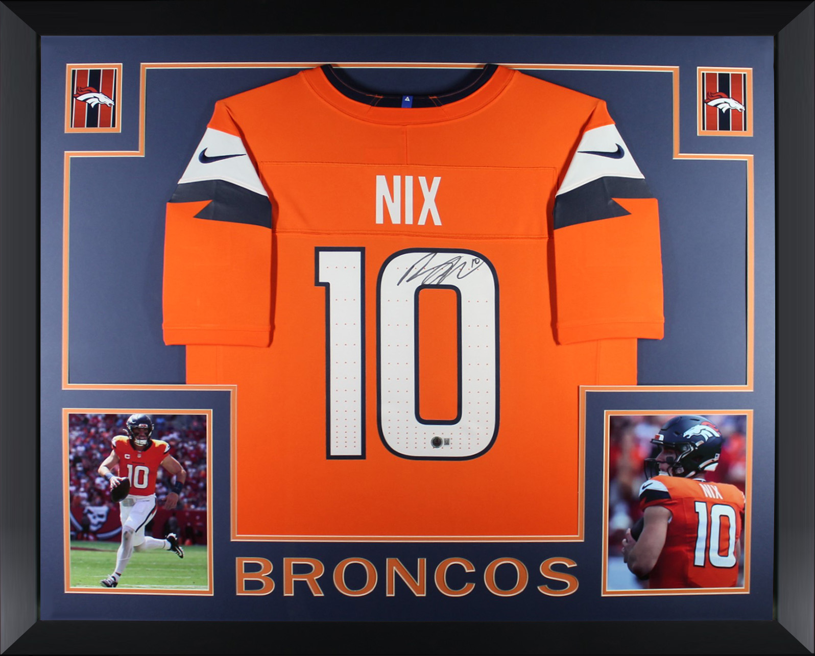 Bo Nix Autographed Denver Broncos Signed Nike Limited Orange Football Framed Jersey Beckett Authenticated COA