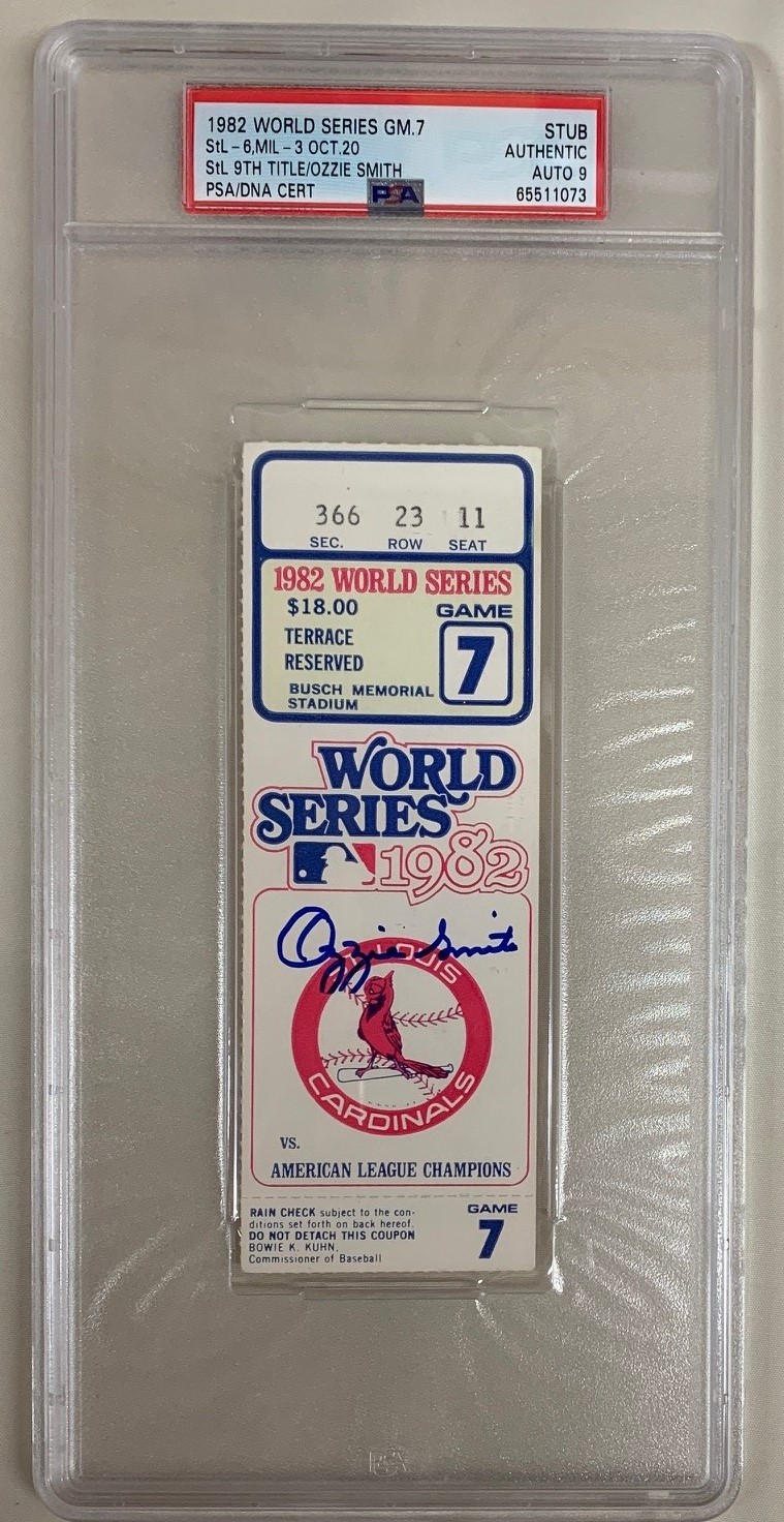 Ozzie Smith Autographed 1982 World Series Game 7 Signed Baseball Ticket Stub St Louis Cardinals vs Milwaukee Brewers Auto PSA DNA 9 Ozzie Smith Autographed 1982 World Series Game 7 Signed Baseball Ticket Stub St Louis Cardinals vs Milwaukee Brewers Auto PSA DNA 9