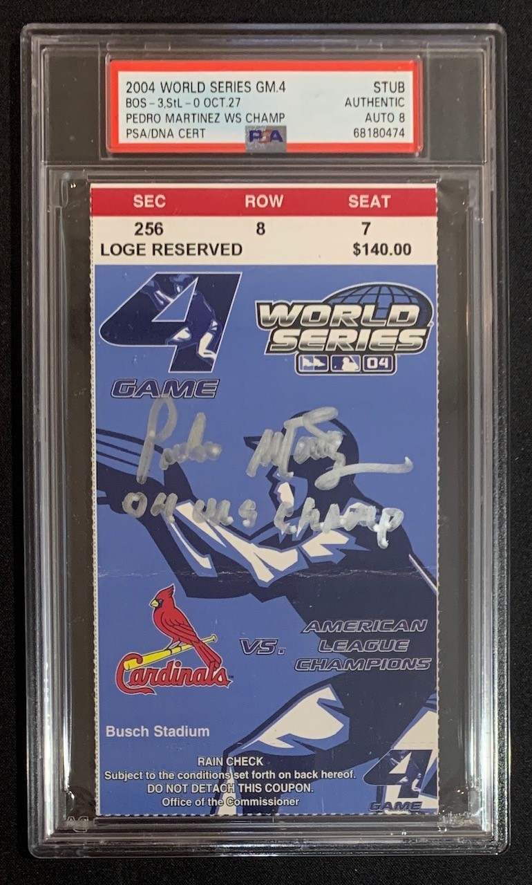 Pedro Martinez Autographed Boston Red Sox Signed 2004 World Series Game 4 Baseball Ticket Auto Graded PSA 8 Pedro Martinez Autographed Boston Red Sox Signed 2004 World Series Game 4 Baseball Ticket Auto Graded PSA 8