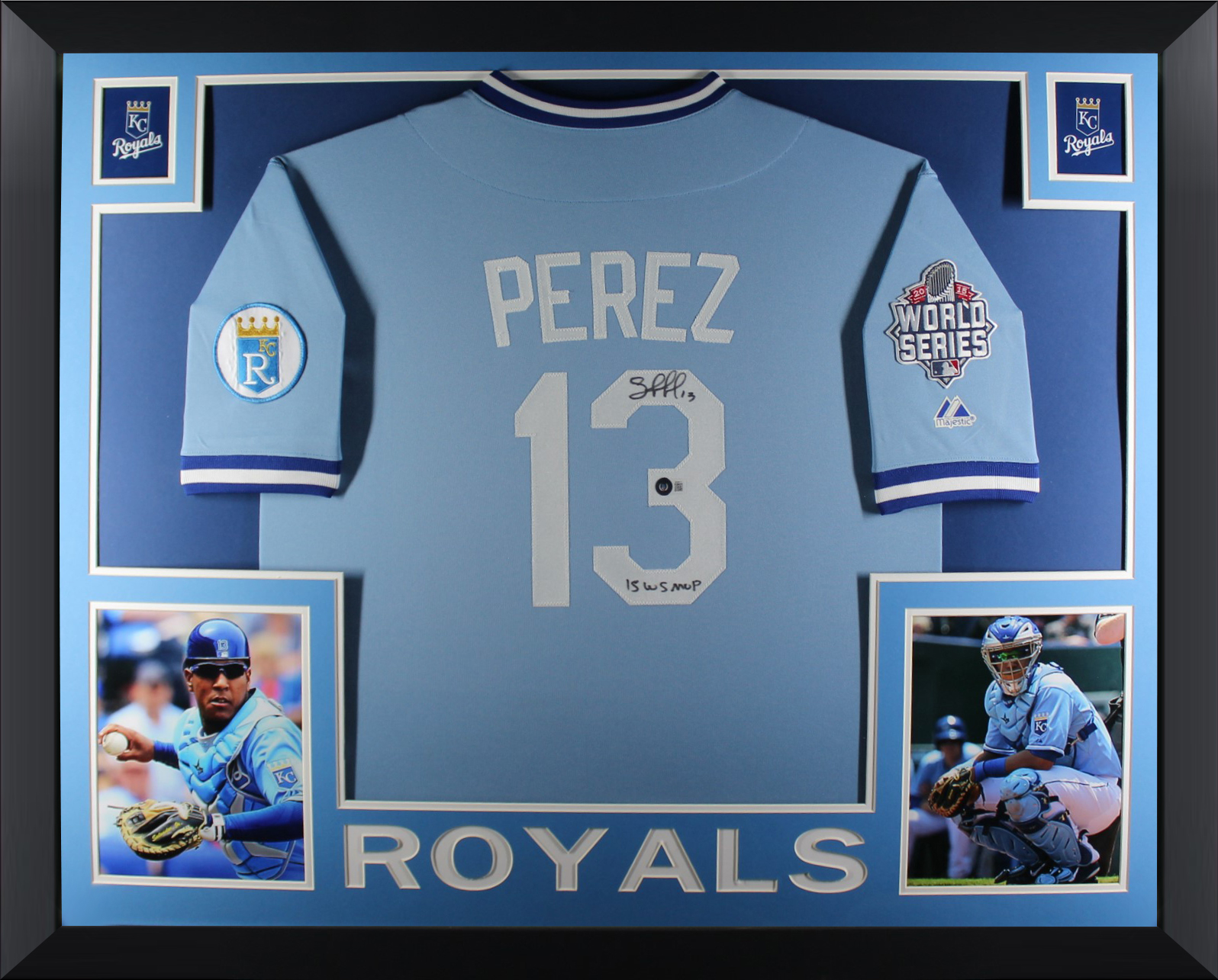 Salvador Perez Autographed Kansas City Royals 2015 World Series MVP Signed Majestic Baseball Framed Jersey Beckett COA B