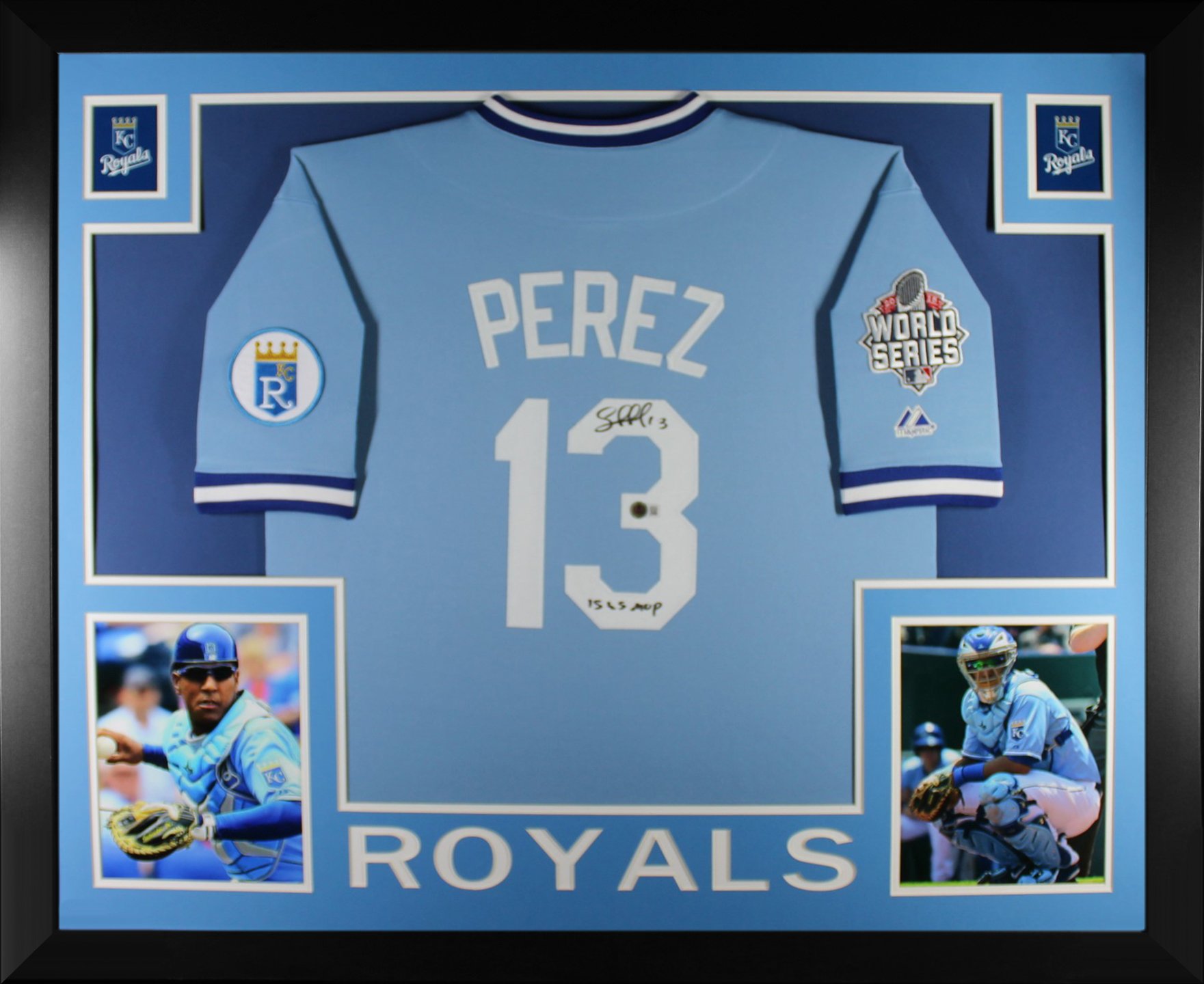 Salvador Perez Autographed Kansas City Royals 2015 World Series MVP Signed Majestic Baseball Framed Jersey Beckett COA A
