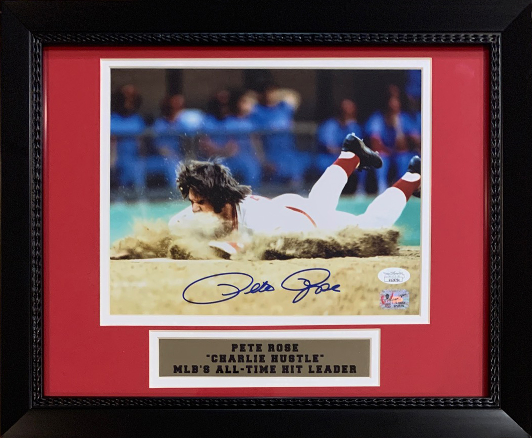 Pete Rose Autographed Cincinnati Diving Baseball 8x10 Framed Photo JSA COA