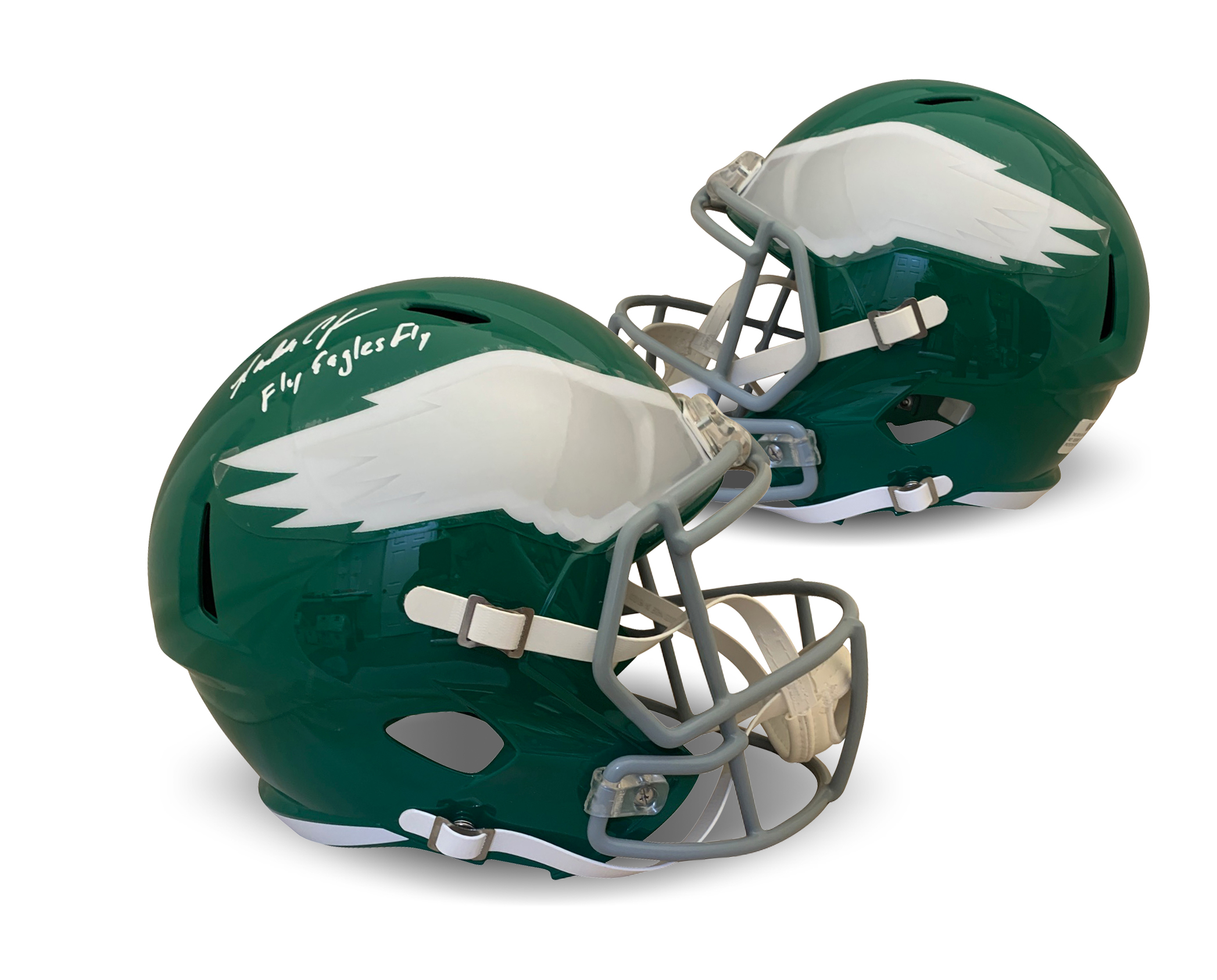 Randall Cunningham Autographed Philadelphia Eagles Throwback Signed Football Full Size Replica Helmet Fly Eagles Fly Beckett COA