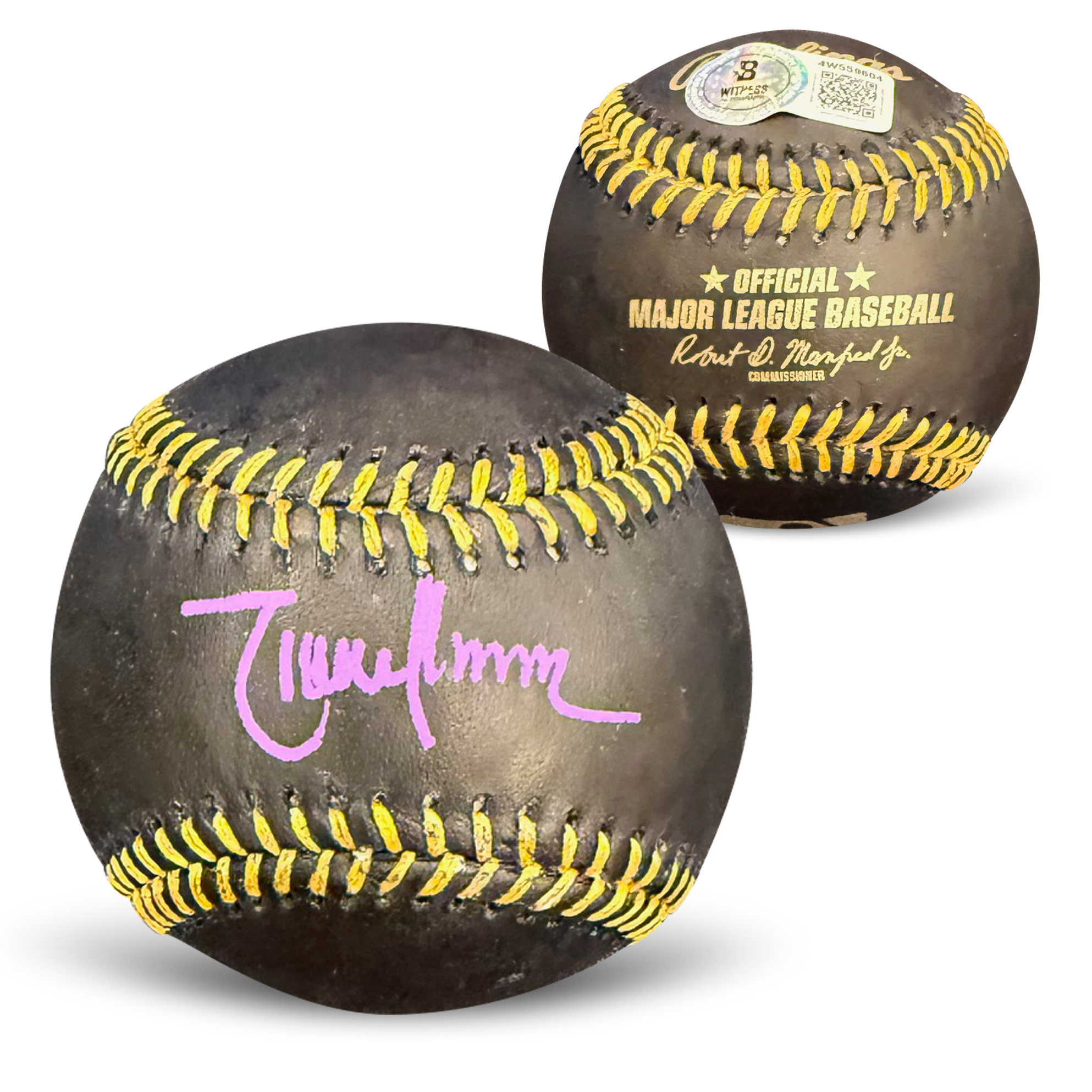 Randy Johnson Autographed MLB Signed Black Baseball Beckett Witness Authenticated COA With UV Display Case Purple Auto