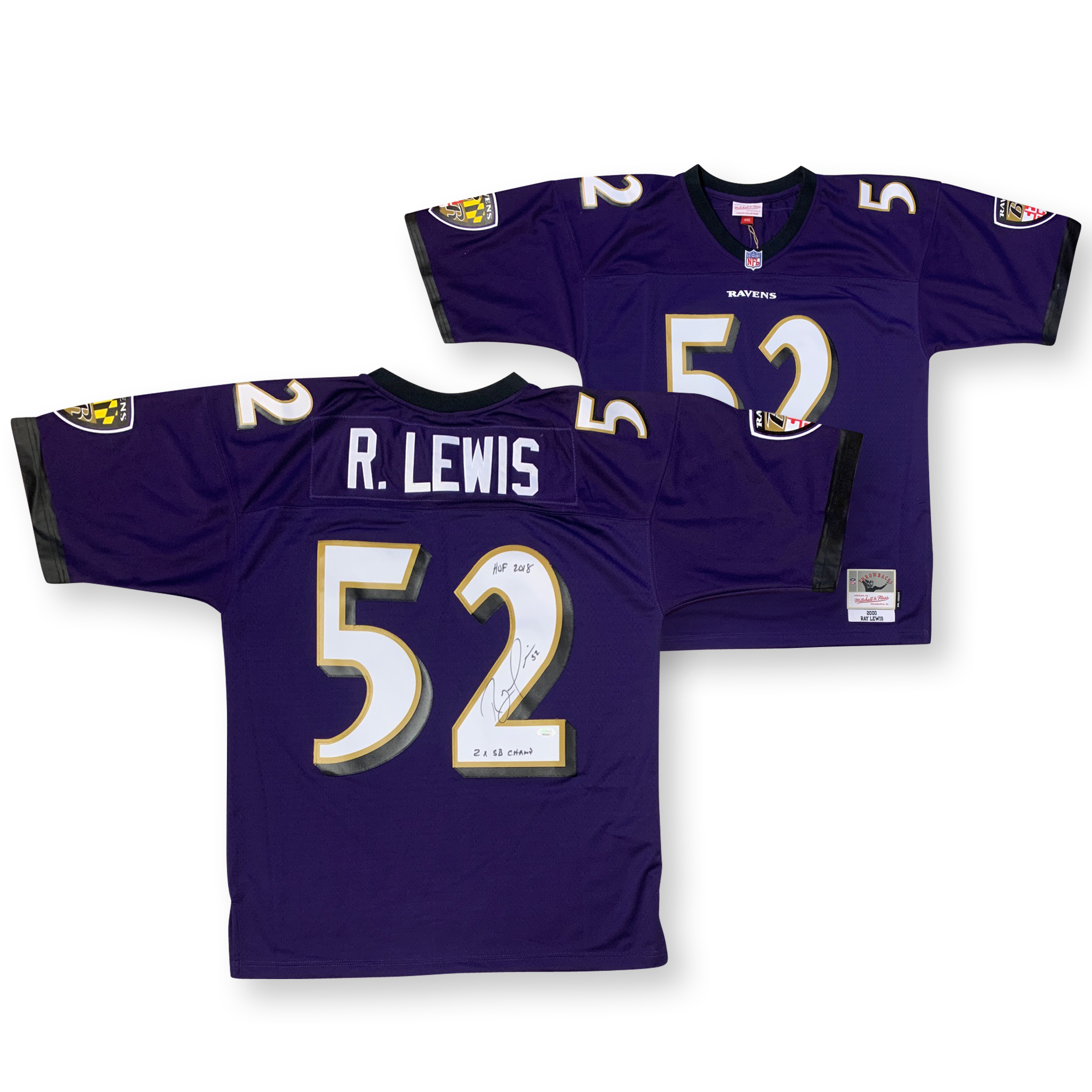 Ray Lewis Autographed Baltimore Signed Purple CHAMPS HOF Mitchell & Ness Jersey JSA COA Ray Lewis Autographed Baltimore Signed Purple CHAMPS HOF Mitchell & Ness Jersey JSA COA