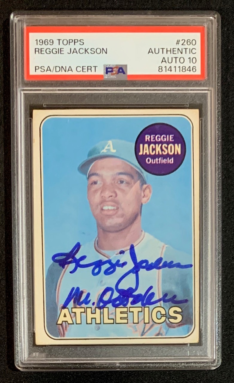 Reggie Jackson 1969 Topps Signed Baseball Rookie Card #260 MR OCTOBER Auto Graded PSA 10