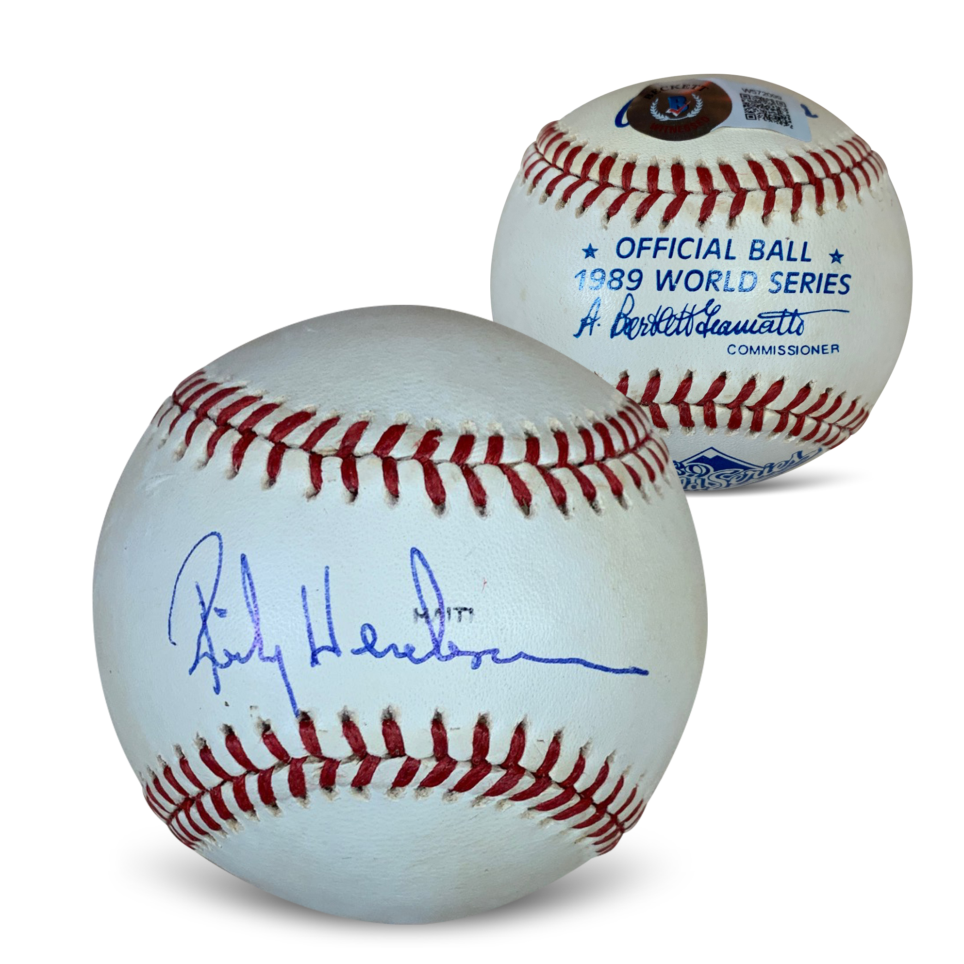 Rickey Henderson Autographed 1989 World Series Signed Baseball Beckett COA With UV Display Case 1