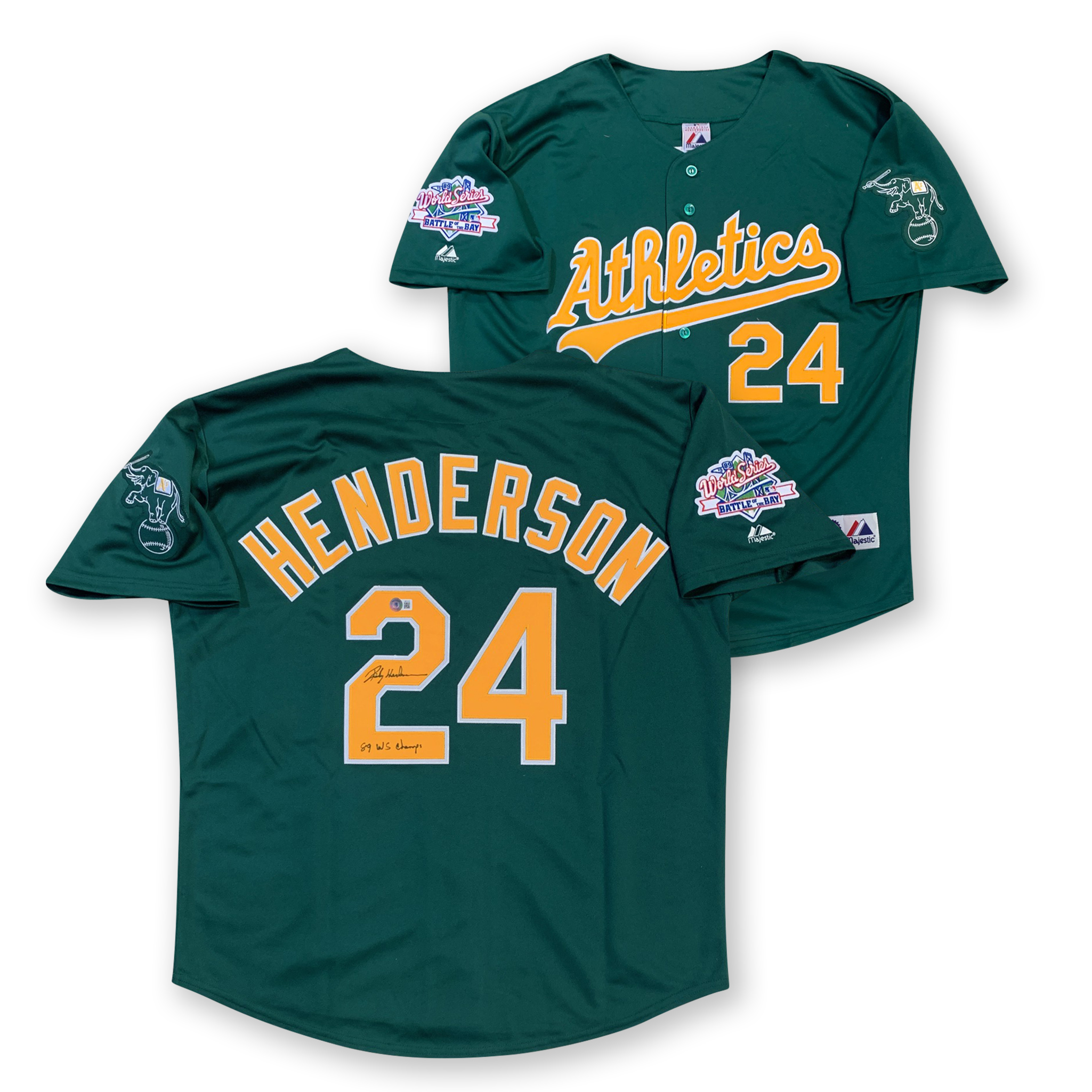 Rickey Henderson Autographed Oakland Athletics 1989 World Series Signed Majestic Baseball Green Jersey Beckett COA