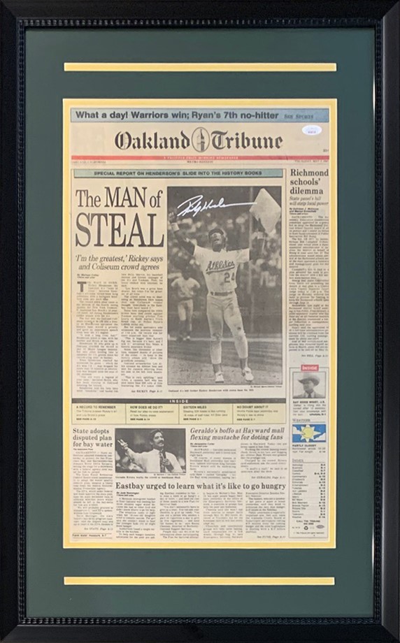 Rickey Henderson Autographed Oakland Tribune Signed Baseball Framed Newspaper 20x32 Original Front Page Of Stolen Base Record JSA COA