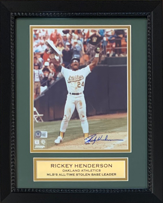Rickey Henderson Autographed Oakland Athletics Signed Baseball's All Time Stolen Base Leader 8x10 Framed Photo Beckett COA