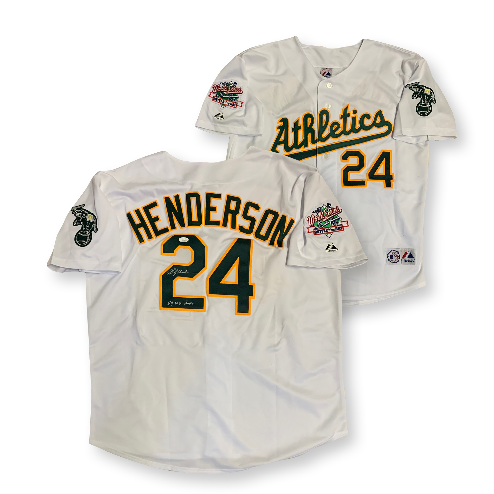 Rickey Henderson Autographed Oakland Athletics 1989 World Series Signed Majestic Baseball Jersey JSA COA