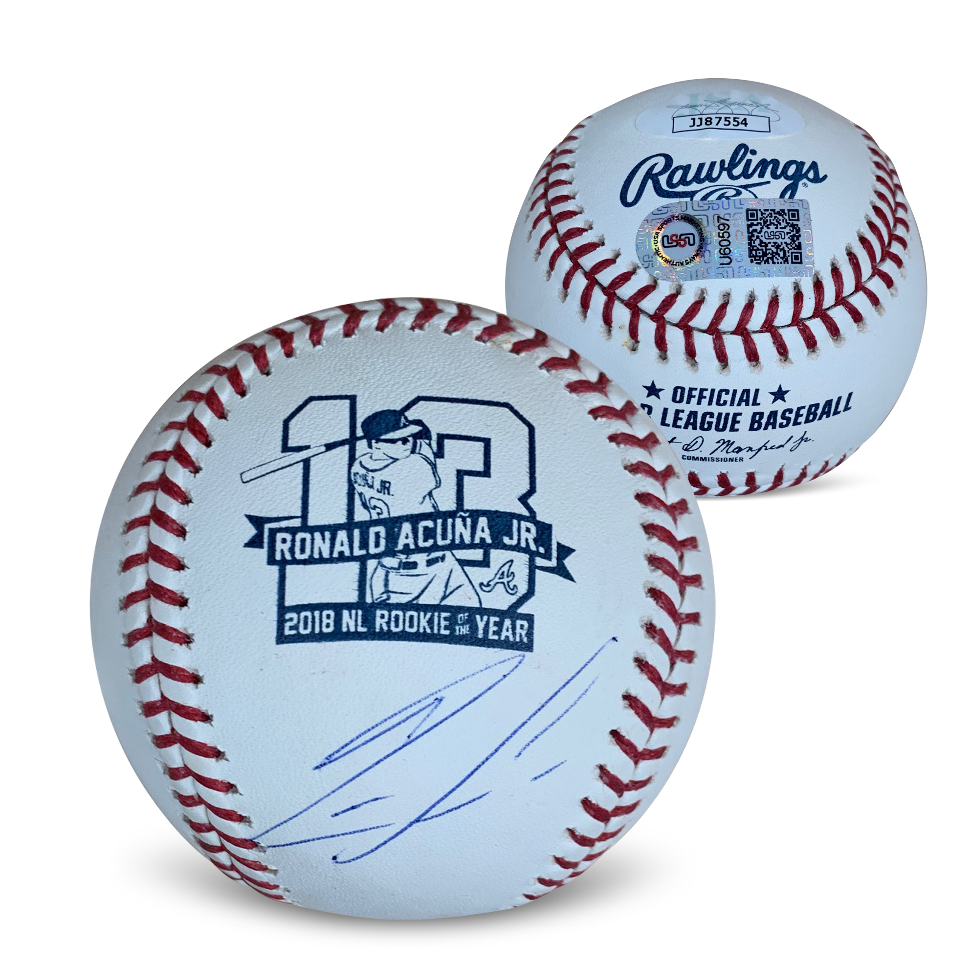 Ronald Acuna Jr Autographed 2018 NL Rookie of the Year ROY Logo Signed Baseball JSA COA With UV Display Case