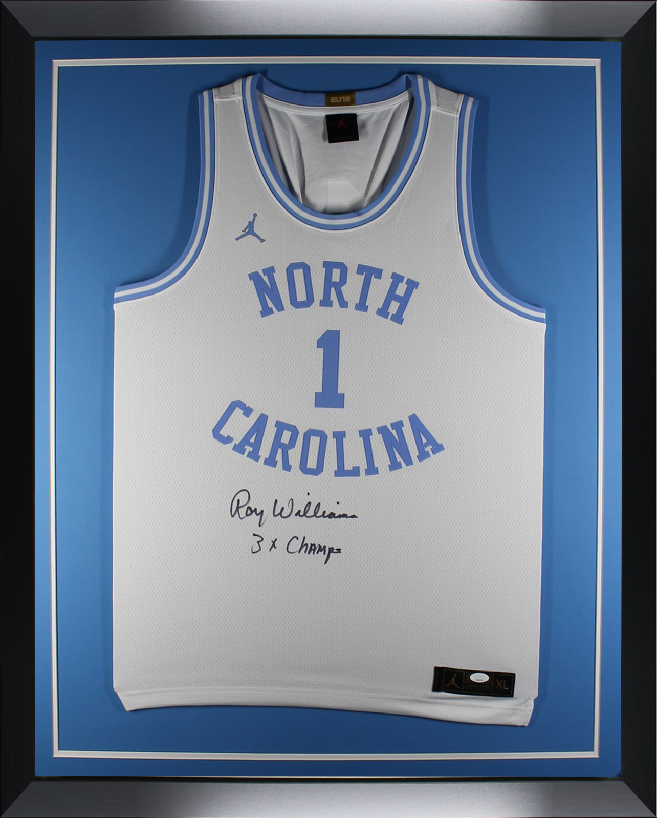 Roy Williams Autographed North Carolina Tar Heels UNC Signed Jordan Brand Basketball Framed Jersey 3 x CHAMP JSA COA A
