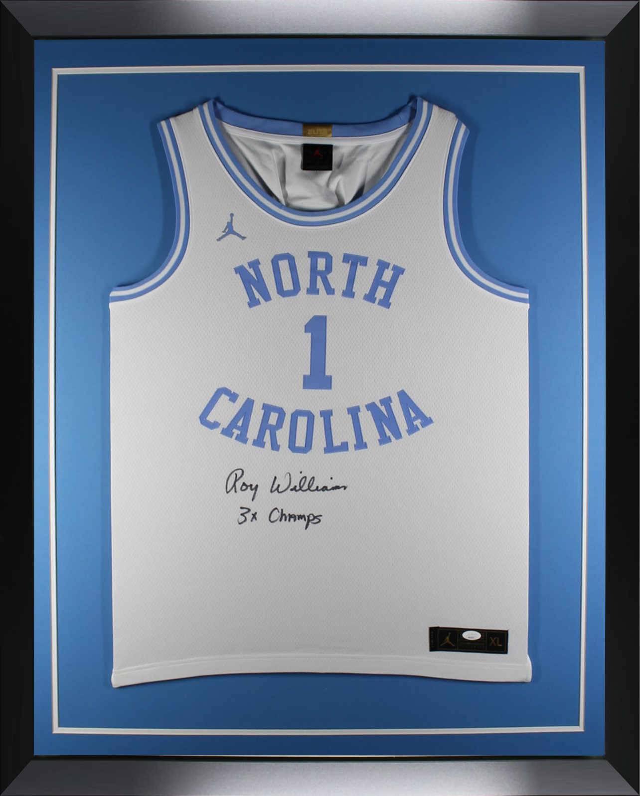 Roy Williams Autographed North Carolina Tar Heels UNC Signed Jordan Brand Basketball Framed Jersey 3 x CHAMP JSA COA B