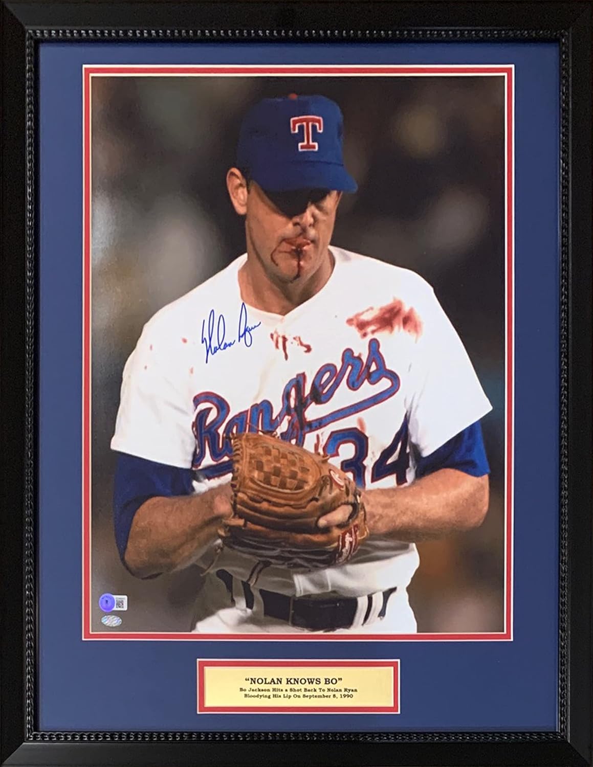 Nolan Ryan Autographed Texas Rangers Signed Baseball 16x20 Framed Photo Line Drive Hit by Bo Jackson Bloody Beckett Authenticated